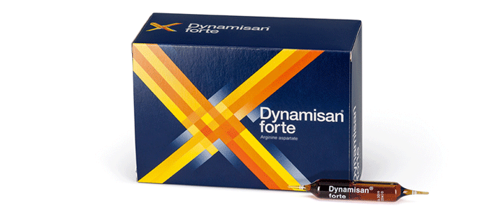 Dynamisan forte Packung mit Sachet und Ampulle Mittel gegen Erschöpfung